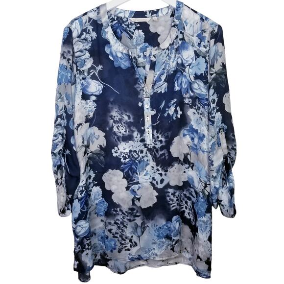SOFT SURROUNDINGS Size 1X Blues Floral Chiffon Pullover Tunic Roll Tab Sleeves - Picture 1 of 5